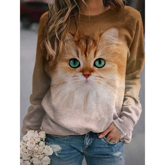 Suéter de Cuello Redondo Manga Larga para Mujer Estampado Gato