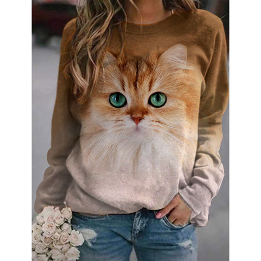 Suéter de Cuello Redondo Manga Larga para Mujer Estampado Gato
