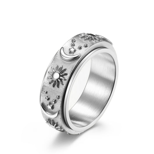 Anillo Giratorio de Acero Titanio con Estrellas, Sol y Luna - Image 4