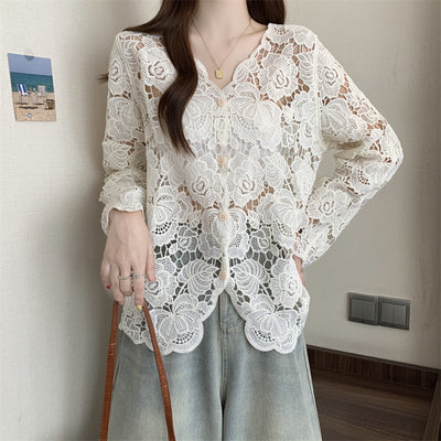 Blusa Larga de Encaje Calado con Mangas Largas para Mujer - Image 20
