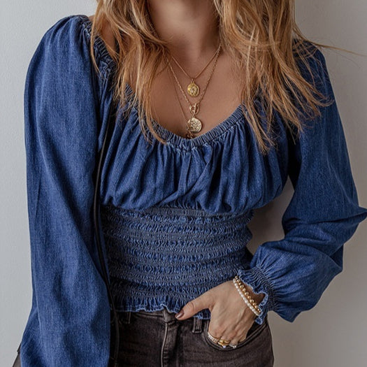 Blusa Denim con Escote en V y Mangas Largas para Mujer