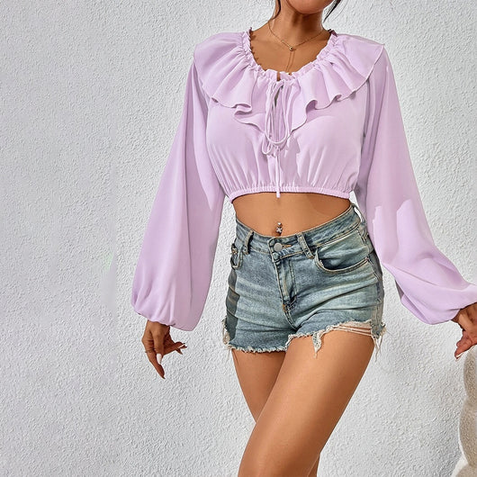 Blusa Elegante de Manga Larga con Cuello Fruncido y Volantes - Image 11