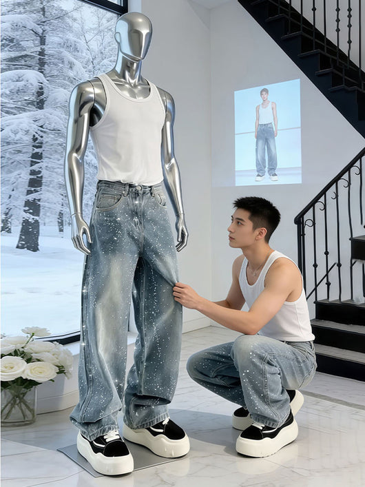 Pantalones Rectos Hombre con Detalles de Piedras - Corte Amplio - Image 11