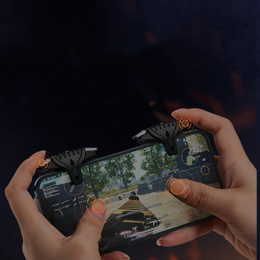 Two black and silver mobile gaming triggers with mechanical buttons, designed to clip onto a smartphone. - Image 3