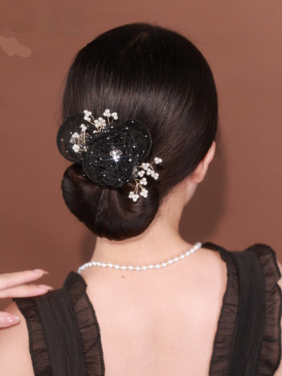 Peineta Elegante Cielo Estrellado con Flores - Moño Alto Exquisito Negro - Image 7