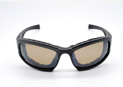 Black full-frame motorcycle goggles with yellow lenses, an adjustable elastic strap, and detachable temple arms. - Image 8