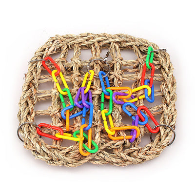 Colorful bird swing with a woven grass net and multi-colored plastic chains, designed for parrots and other birds. - Image 14