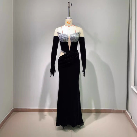 Vestido de Fiesta Elegante con Detalles Calados y Terciopelo - Image 3