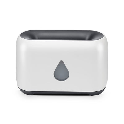 White aroma diffuser with a 3D flame effect and a gold water droplet icon, shown with a remote control. - Image 9