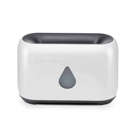 White aroma diffuser with a 3D flame effect and a gold water droplet icon, shown with a remote control. - Image 9