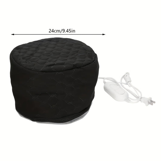 Black electric heating hair treatment cap with a quilted pattern and a white power cord with an inline switch. - Image 3