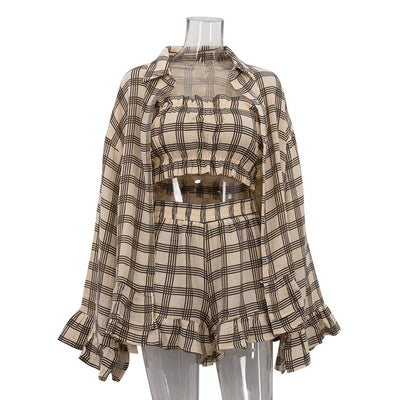 Conjunto Retro de 3 Piezas: Camisa Cuadros Manga Larga, Top Tubo y Shorts - Image 5