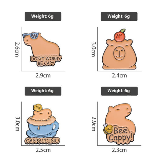 Cute capybara enamel brooch wearing a pink donut with sprinkles and "DONUT WORRY BE CAPPY" text. - Image 35