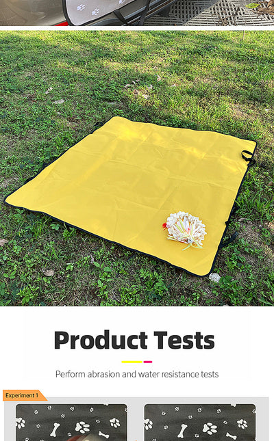 Pink car pet mat with white paw print and bone patterns, featuring black straps for securing to a rear seat. - Image 24