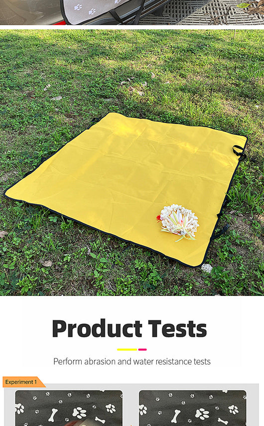 Pink car pet mat with white paw print and bone patterns, featuring black straps for securing to a rear seat. - Image 24