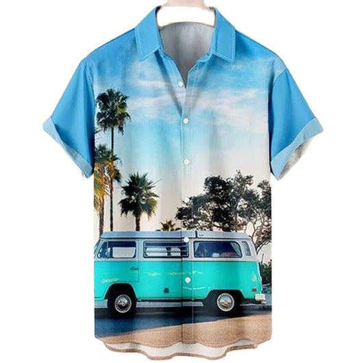 Camisa Casual Slim Estampado 3D Playa Manga Corta para Hombre - Image 28