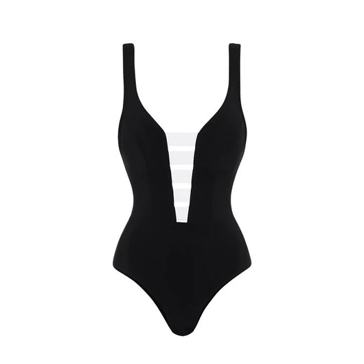 Black one-piece swimsuit with a deep V-neckline and white horizontal stitching detail across the plunge. - Image 24