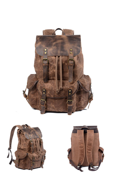 Mochila de Viaje Retro en Lona Encerada con Cordón Ajustable para Hombre - Image 9
