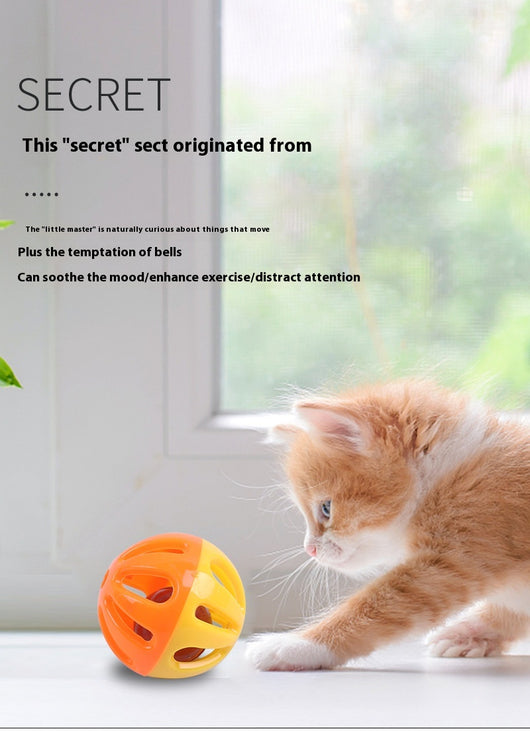 Five colorful plastic pet bell balls in red, yellow/orange, lime green, and hot pink, with hollow designs. - Image 15