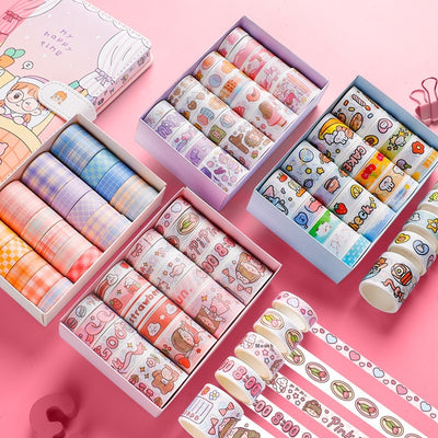 Set of 20 rolls of cute cartoon washi tape in a pink 'Peach Tea Talk' gift box, featuring peach, strawberry, and bear designs.