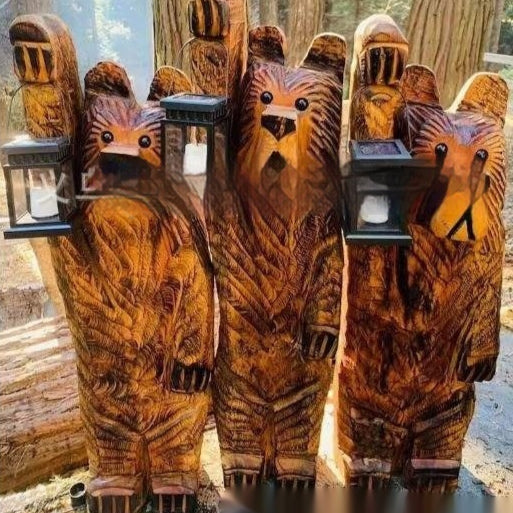 Lámpara Decorativa Oso de Madera y Resina con Luz LED para Jardín