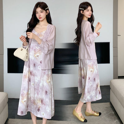 Conjunto Dos Piezas: Vestido Slip Estampado Morado con Cardigan Suave - Image 3