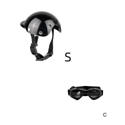 Black pet helmet with an adjustable chin strap and a pair of black pet goggles with an elastic strap. - Image 7