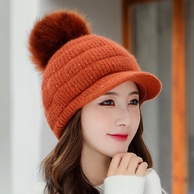 Gorro de Lana Cálido con Pompón de Pelaje de Conejo y Terciopelo - Image 3
