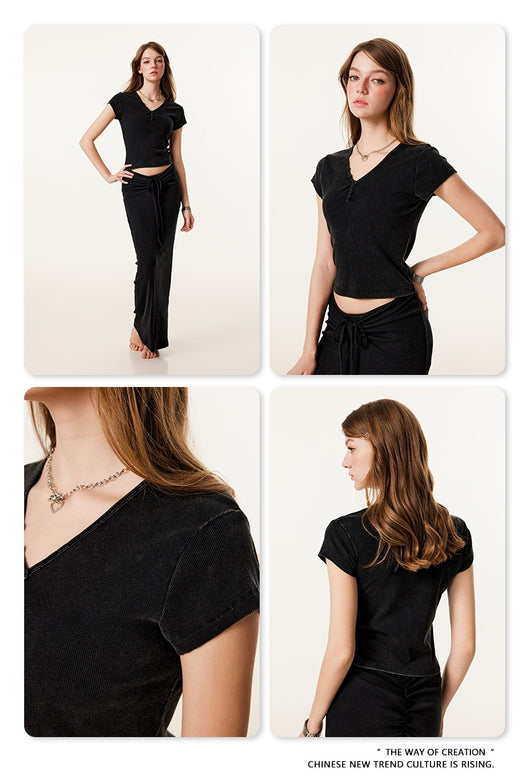 Blusa Retro Americana Slim Fit Cuello V Manga Corta - Image 24
