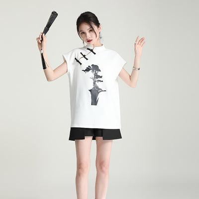 Blusa Cheongsam Moderna con Botones de Rana - Camiseta Estampada Manga Corta Verano