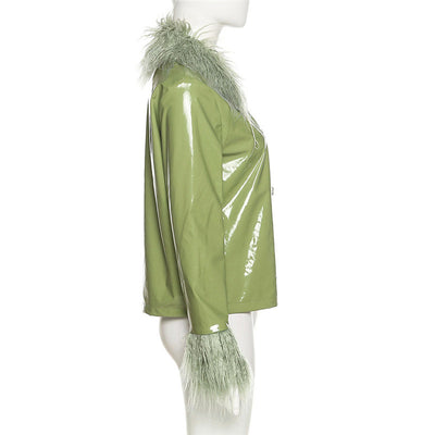 Chaqueta de Cuero Slim con Cuello de Piel - Abrigo Cálido de Botón Único para Mujer - Image 6