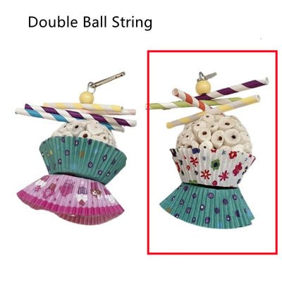 Two parrot shredding toys, shaped like cupcakes with paper straws, featuring colorful paper cups and a metal clasp. - Image 21