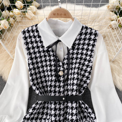 Vestido Houndstooth con Tirantes y Mangas Puff - Image 21