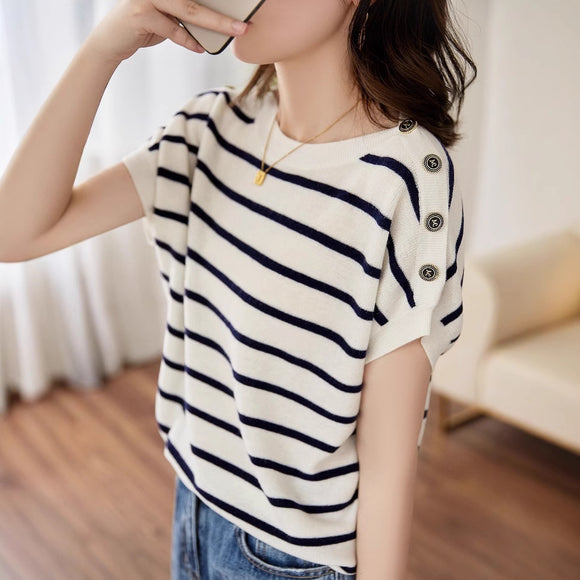Blusa Rayada Ice Silk Manga Corta Ajustada y Cubriente