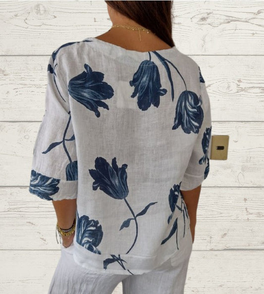 Blusa Estampada de Algodón y Lino con Cuello en V - Image 2