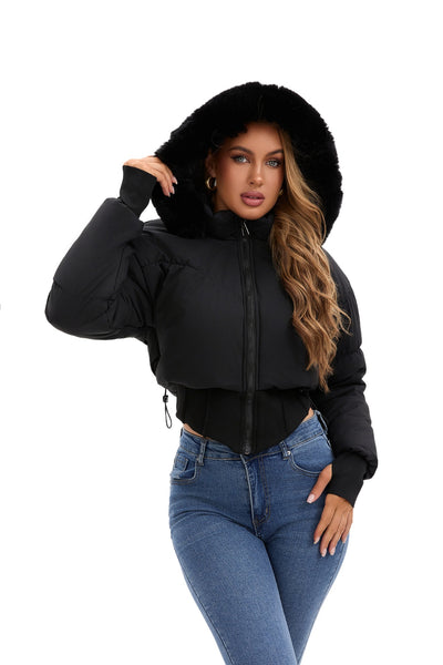 Chaqueta de Algodón Corta con Capucha y Cuello de Pelaje para Mujer - Image 14