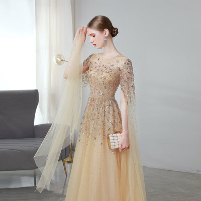Vestido de Noche Largo Dorado Premium con Mangas Volantes - Image 6