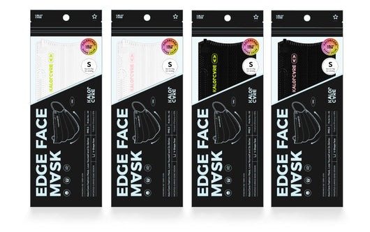 White V-shape face mask with pink ear loops, packaged in a clear and black pouch, size S, by Kalor Cvre. - Image 8