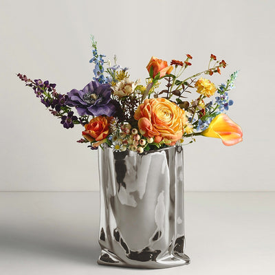 Jarrón Decorativo de Flores Secas con Acabado Plateado Electrochapado
