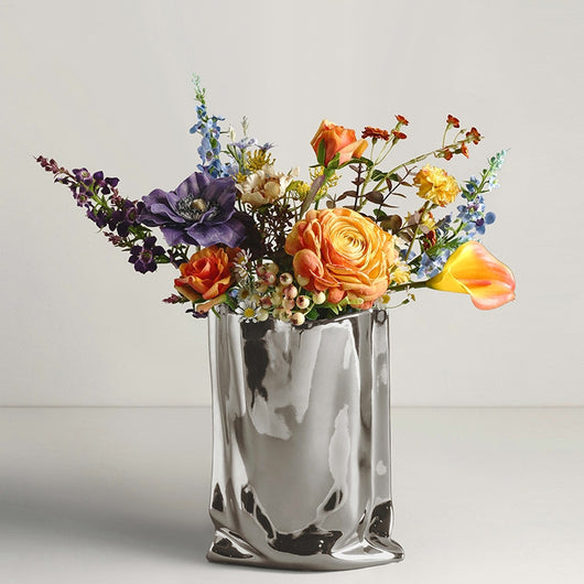 Jarrón Decorativo de Flores Secas con Acabado Plateado Electrochapado