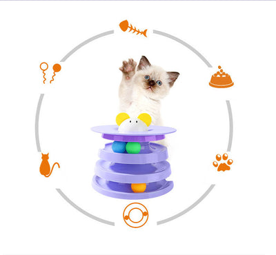Brown tabby cat sniffing a black and orange multi-level rotating cat plate toy with colorful balls and bunny ears. - Image 11