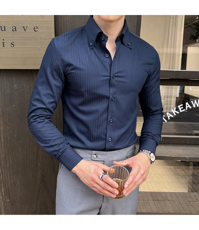 Camisa de Vestir Manga Larga a Rayas para Hombre con Cuello Italiano - Image 33