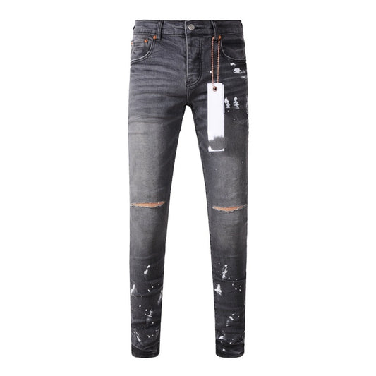 Pantalón Vaquero Gris Rotura Rodilla con Efecto Tinta Salpicada