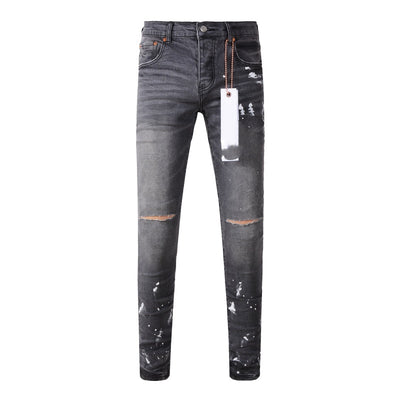 Pantalón Vaquero Gris Rotura Rodilla con Efecto Tinta Salpicada