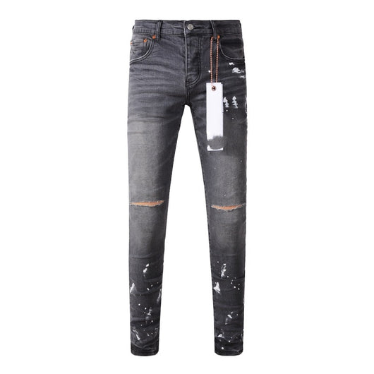 Pantalón Vaquero Gris Rotura Rodilla con Efecto Tinta Salpicada