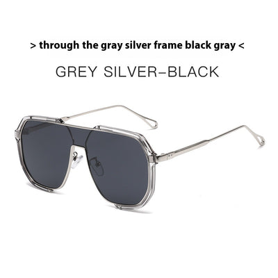 Black and gold polygon sunglasses with dark gray lenses, featuring a trendy concave design and anti-blue light properties. - Image 4