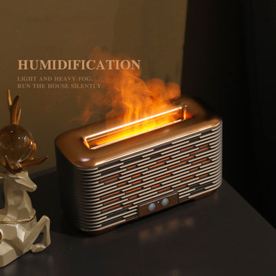 Rose gold and grey flame aroma diffuser and humidifier with horizontal slats and yellow LED lights. - Image 4