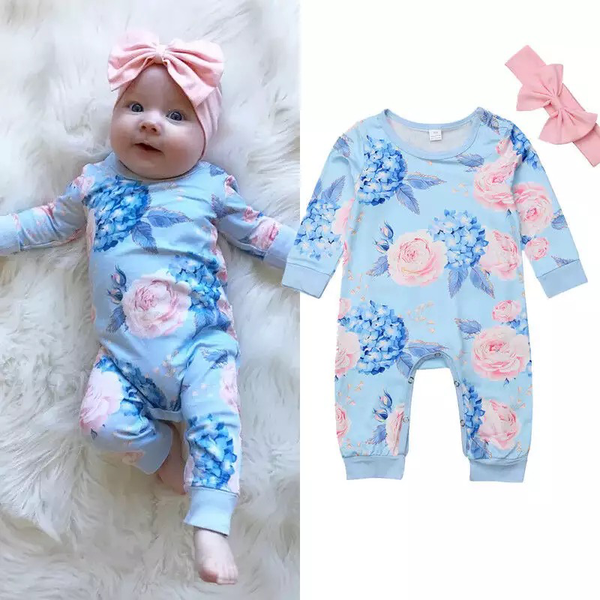 Enterizo Floral de Manga Larga para Niñas con Diadema Coordinada