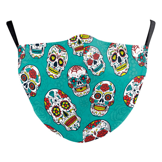 Blue double-layer ear-hanging face mask with a colorful Day of the Dead and cartoon skull pattern. - Image 15