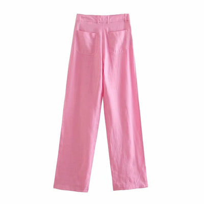 Pantalón Lino Retro Cintura Alta Bolsillos Dobles Pierna Ancha - Image 2